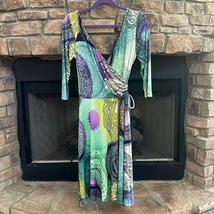 Mesmerize purple, green, yellow double V-neck midi dress. Mexium.
